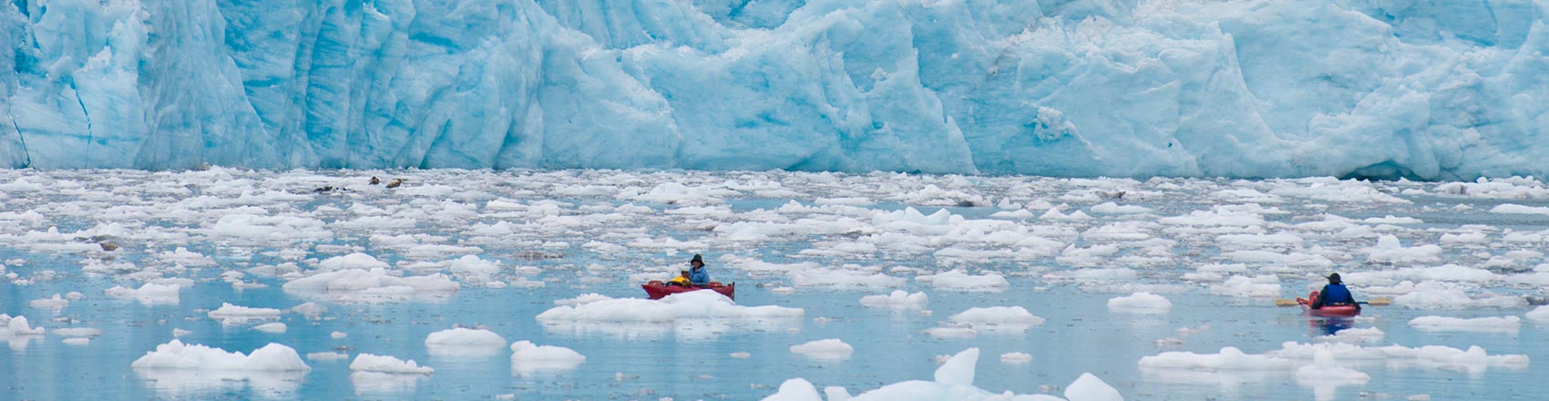 Two kayakers paddling through water filled with icebergs with a glacier in the background.